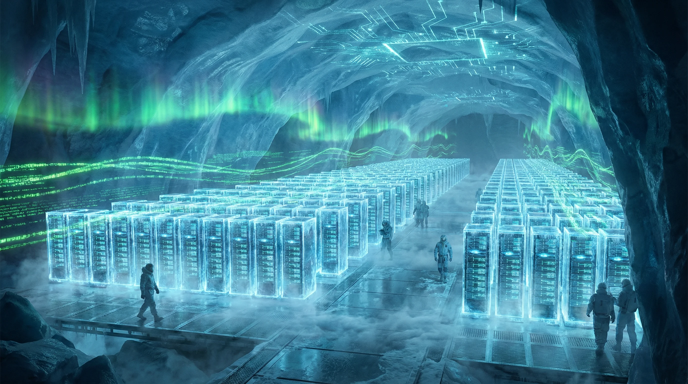 数据中心内部，展示六边形蜂巢结构的服务器机柜和蓝色冷光