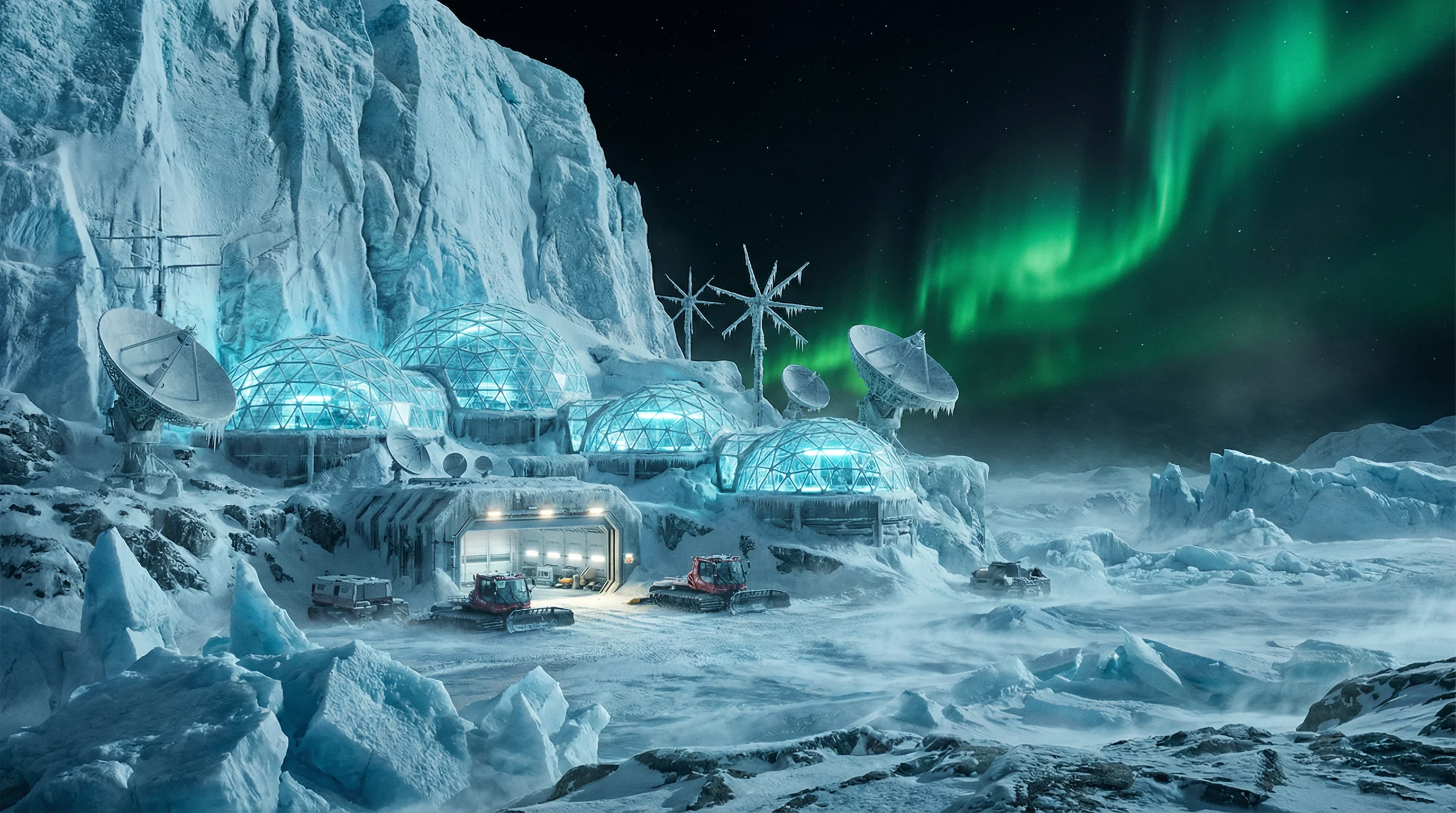 冰川基地外部全景，展现其与极地环境融为一体的科幻建筑风格